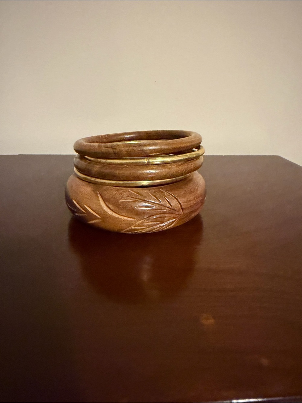Wooden Carved Bangle Bracelet Stack - Brown